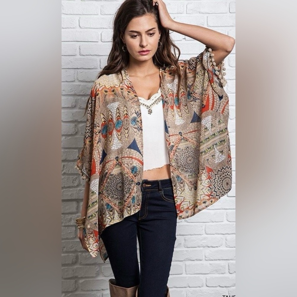 🎉HOST PICK🎉Umgee + USA kimono w/ colourful pattern & little Pom poms on sleeve - Picture 3 of 8